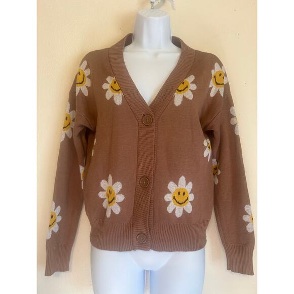 Nikka k Woman's Size M Brown Cardigan Sweater W/ Smiley Face Daisy Flowers - Picture 1 of 8